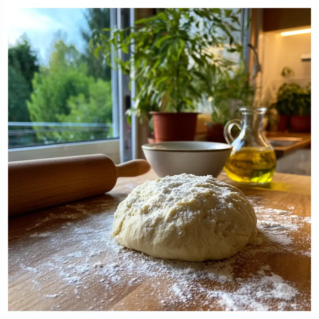 Döner pizza Teigball auf bemehltem Holzbrett mit Olivenöl daneben