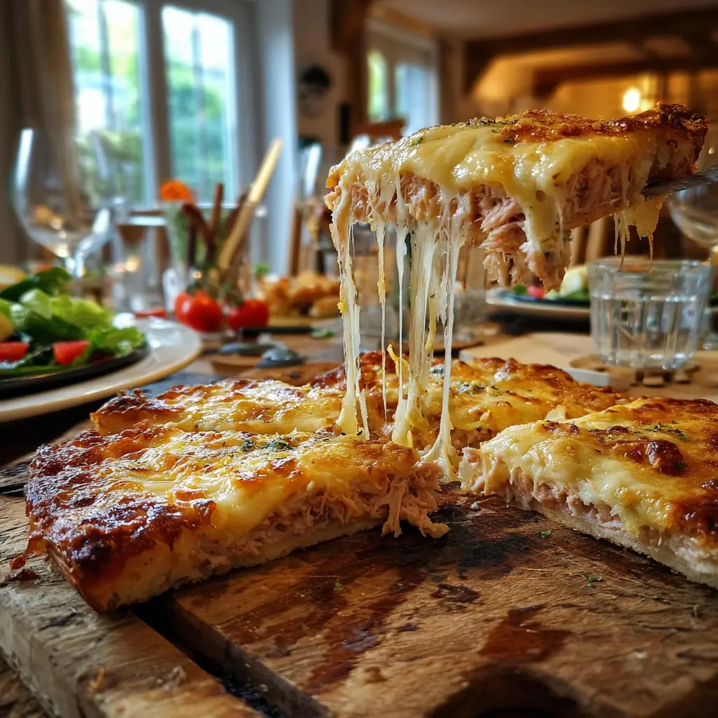 Thunfisch Pizza mit goldbraunem Teig, saftigem Thunfisch und geschmolzenem Käse auf einem Holzbrett.