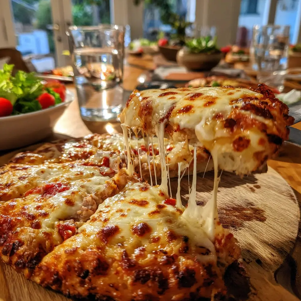 Servierte Thunfisch Pizza auf einem Holzbrett, mit geschmolzenem Käse und angehobener Pizzascheibe.
