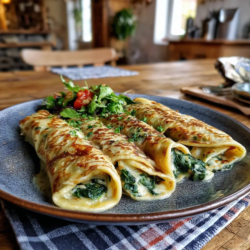 Pfannkuchen Rezept Oma – Herzhafte Pfannkuchen mit Spinat und Käse gefüllt, serviert mit Salat.