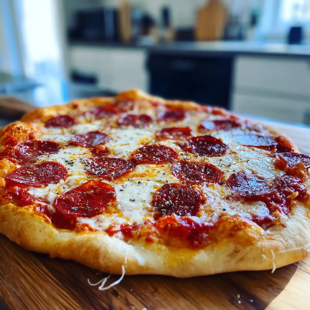 Ungebackene New York Pizza mit Tomatensauce, Mozzarella und Pepperoni belegt.