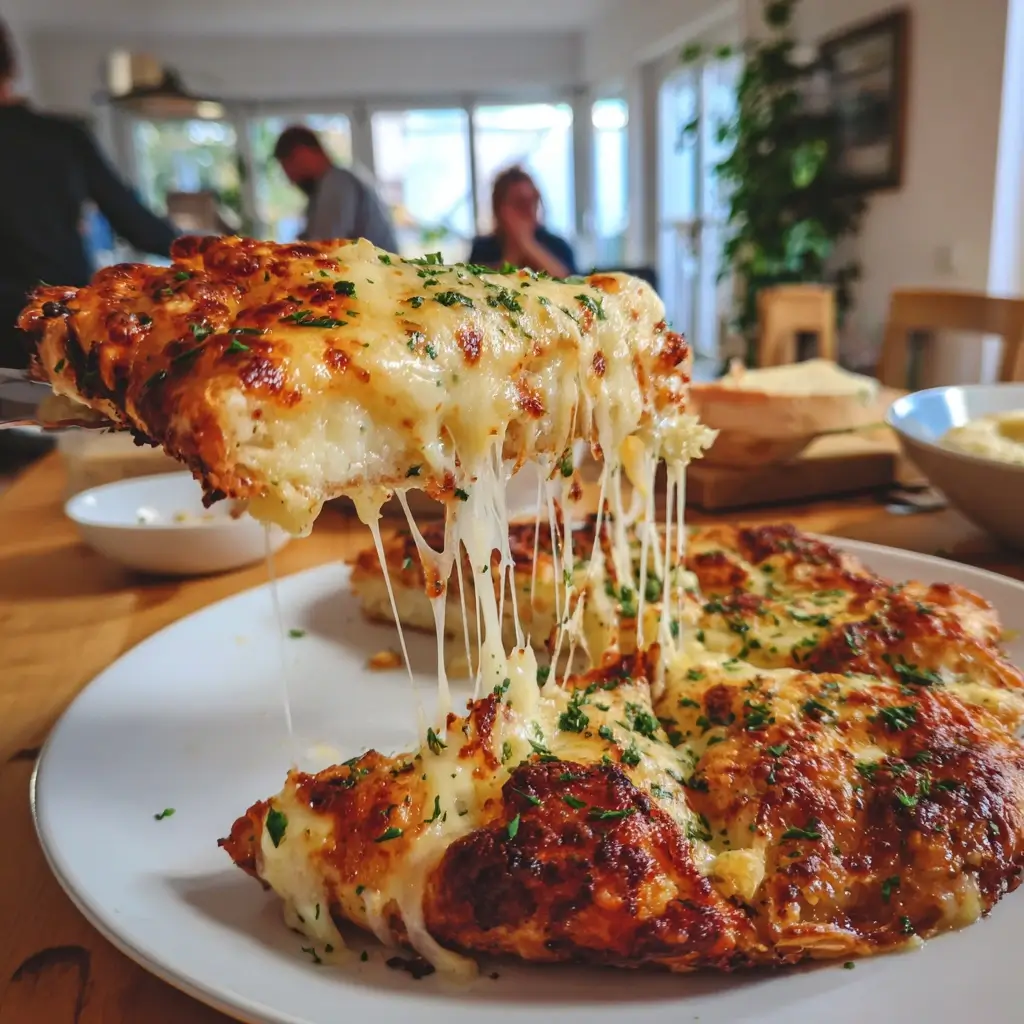 Ein Stück frisch gebackene sauerteig pizza wird serviert, der geschmolzene Käse zieht Fäden, goldene Kruste mit Kräutern auf einem weißen Teller.