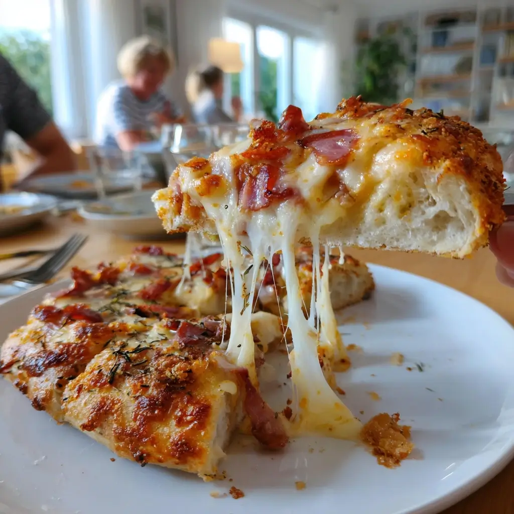 Ein Stück sauerteig pizza wird serviert, Käse zieht Fäden, goldene Kruste sichtbar auf einem weißen Teller.