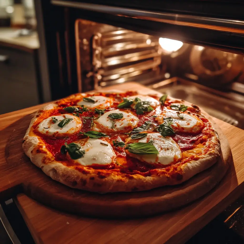 Margherita Pizza im heißen Ofen auf Pizzastein gebacken, goldbrauner Rand nach italienischem pizza rezept.