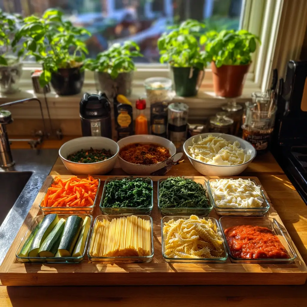 Frische Zutaten für ein vegetarische lasagne rezept, darunter Zucchini, Karotten, Spinat, Mozzarella und Tomatensauce auf einem Holzbrett.