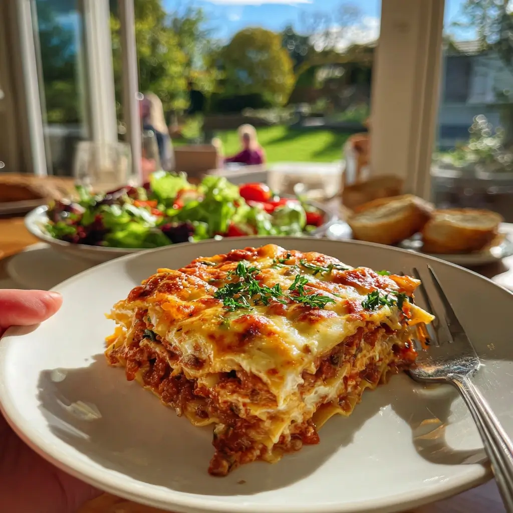 Nahaufnahme einer Portion aus dem lasagne vegetarisch rezept auf einem weißen Teller