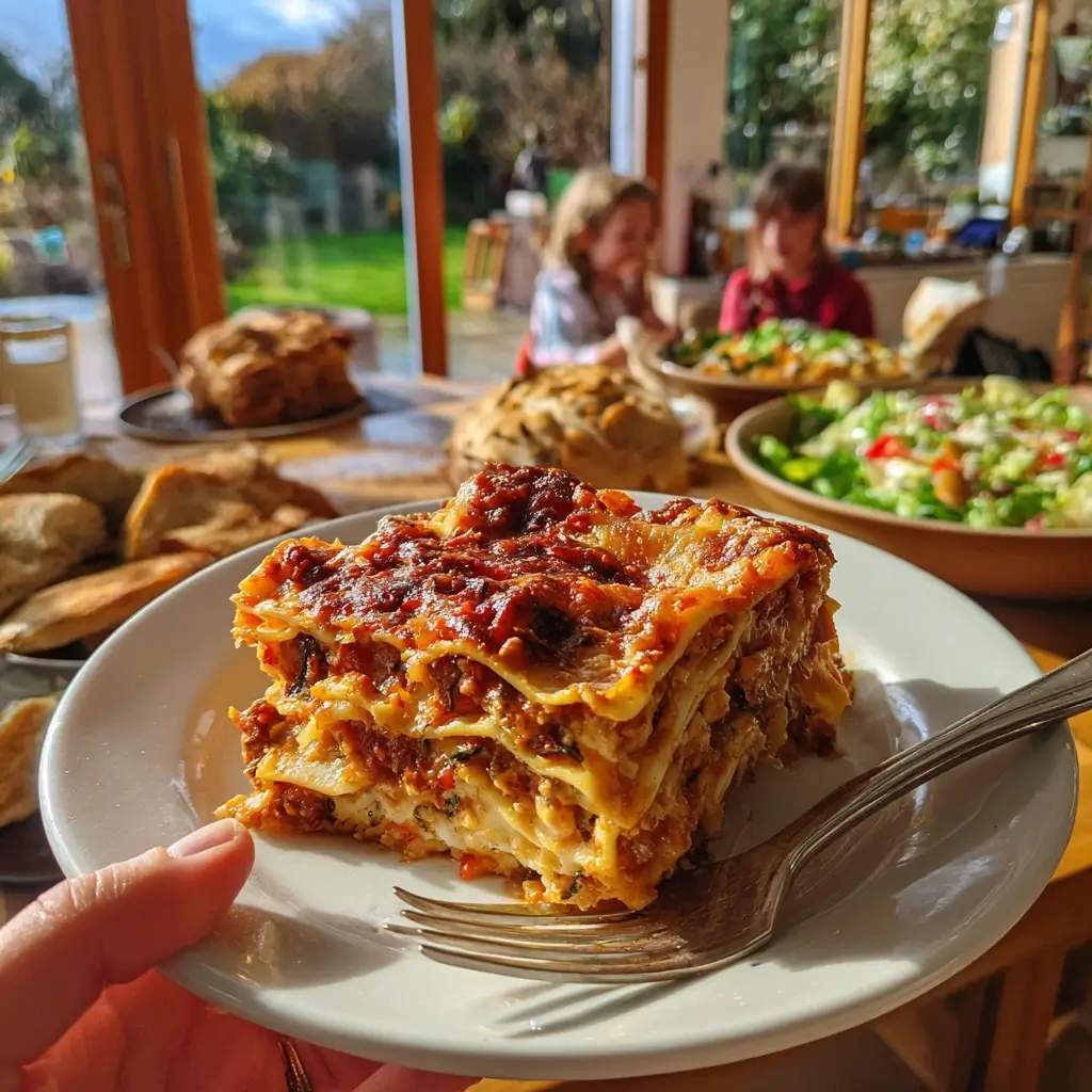 Eine Portion lasagne vegetarisch rezept auf Teller serviert mit Familienhintergrund