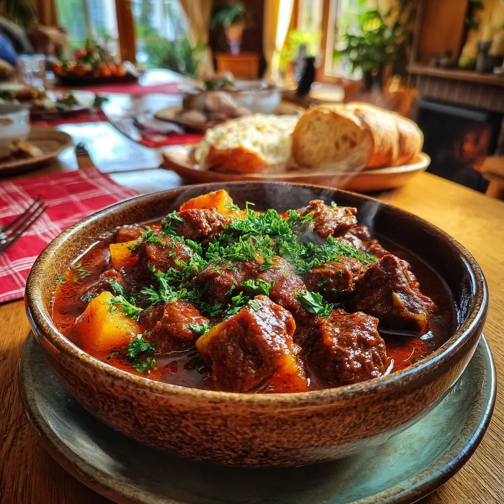 Gulasch Rezepte – Authentisches ungarisches Gulasch in rustikalem Keramikschüssel