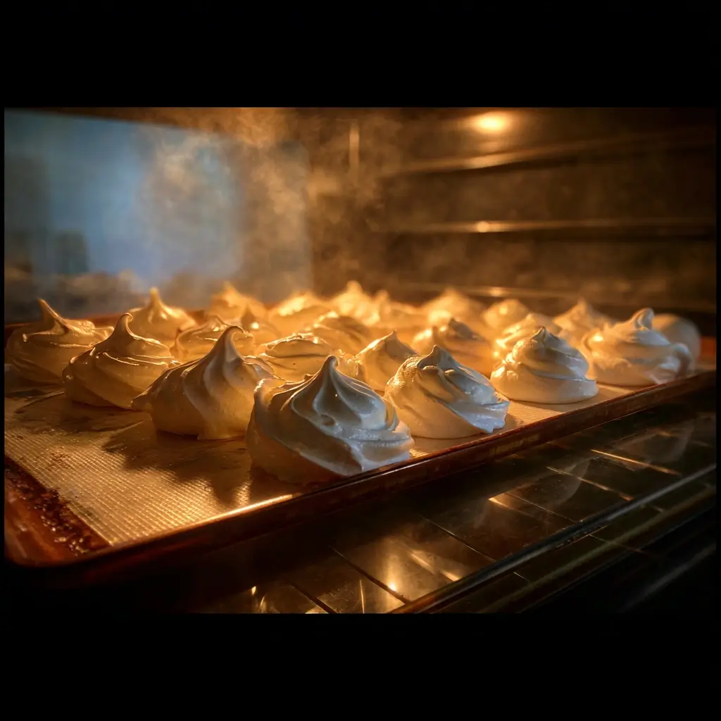 Baiser Rezept – Meringues im Ofen beim Backen mit goldener Ofenbeleuchtung