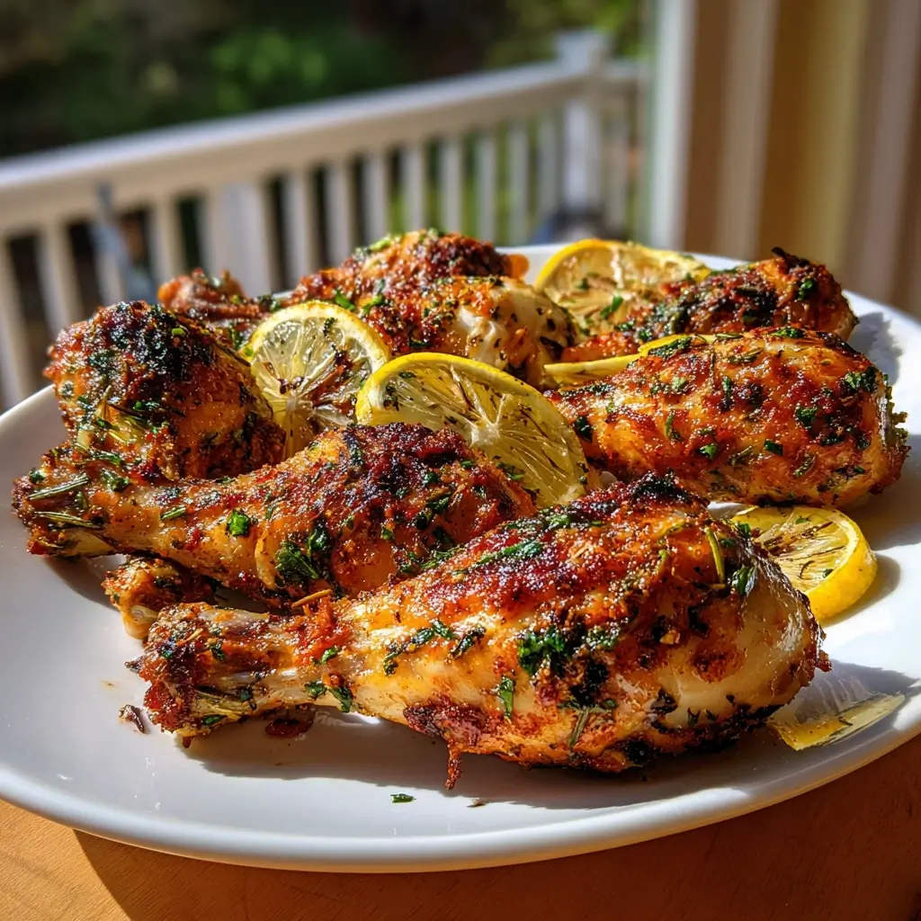 Goldbraun knusprige Hähnchenschenkel aus dem Ninja Airfryer, serviert auf einem weißen Teller – perfekt für Airfryer Rezepte Ninja.