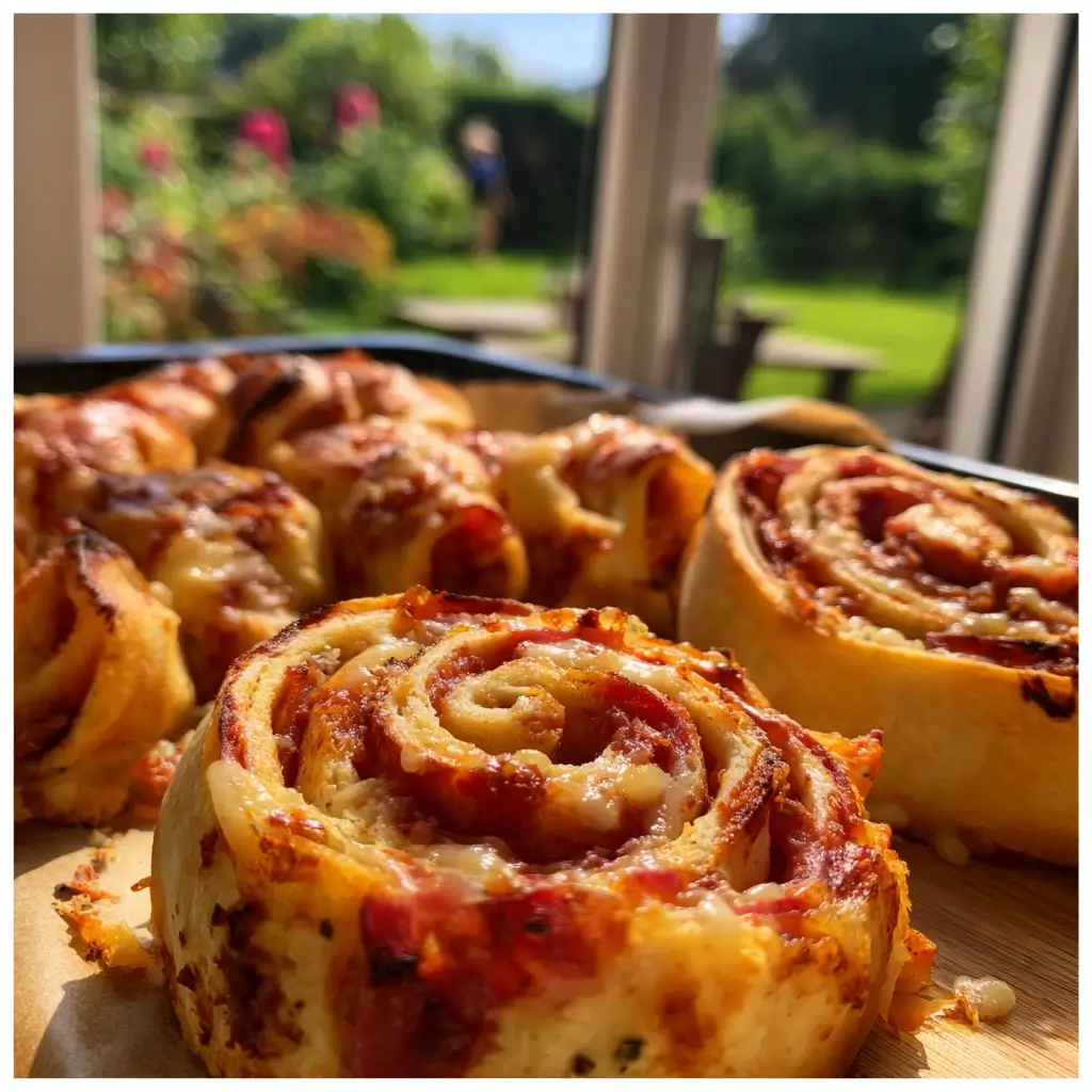 Teigrolle für Pizza Schnecken wird in gleichmäßige Scheiben geschnitten