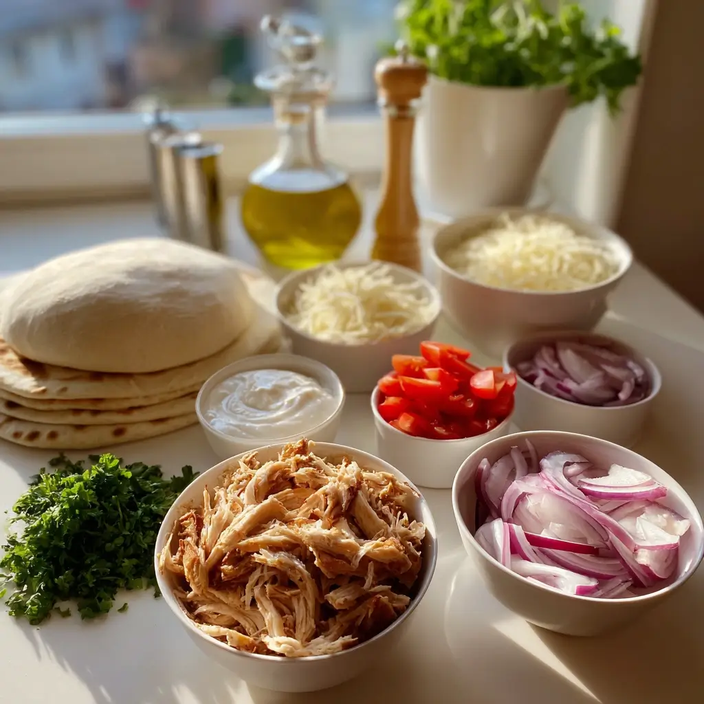 Frische Zutaten für döner pizza auf der Küchenarbeitsfläche arrangiert