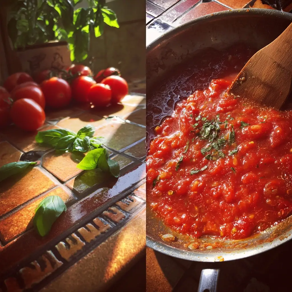 Aromatische Tomatensauce für pizza milano köchelt mit Knoblauch und frischem Basilikum