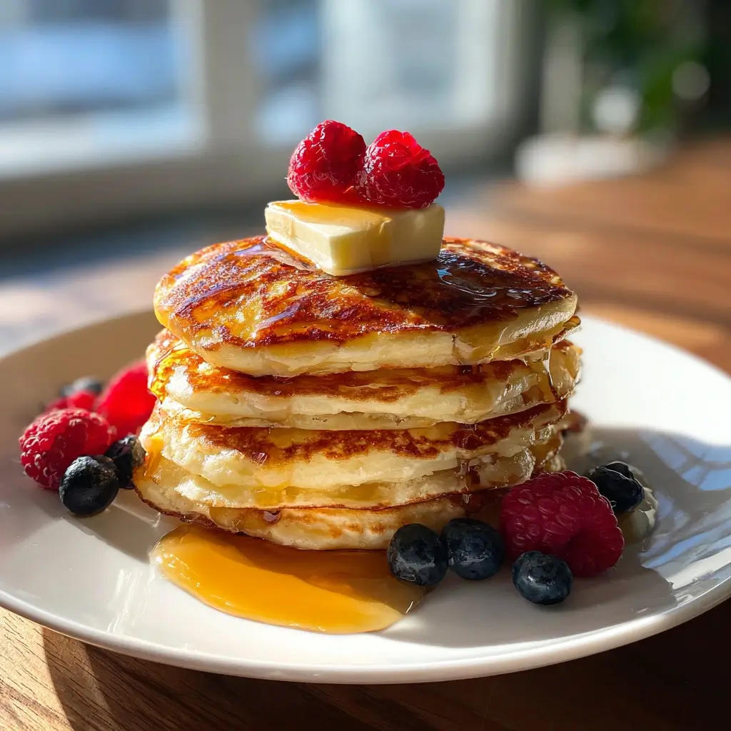 Fluffige Pfannkuchen Rezept als goldbrauner Pancake-Stapel mit Butter und Ahornsirup auf einem Frühstücksteller.