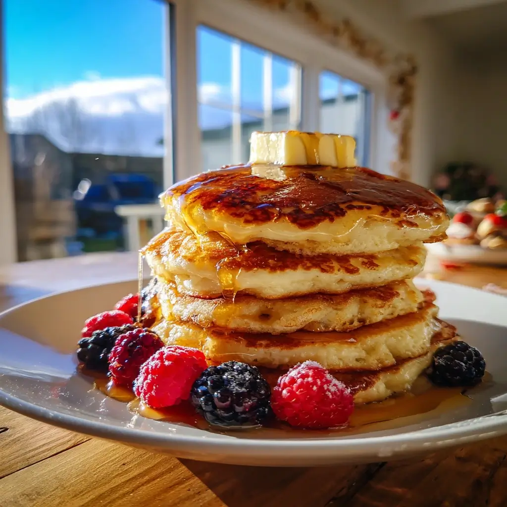 Fluffige Pfannkuchen Rezept als hoher Pancake-Stapel mit Butter, Ahornsirup und frischen Beeren auf einem Teller.
