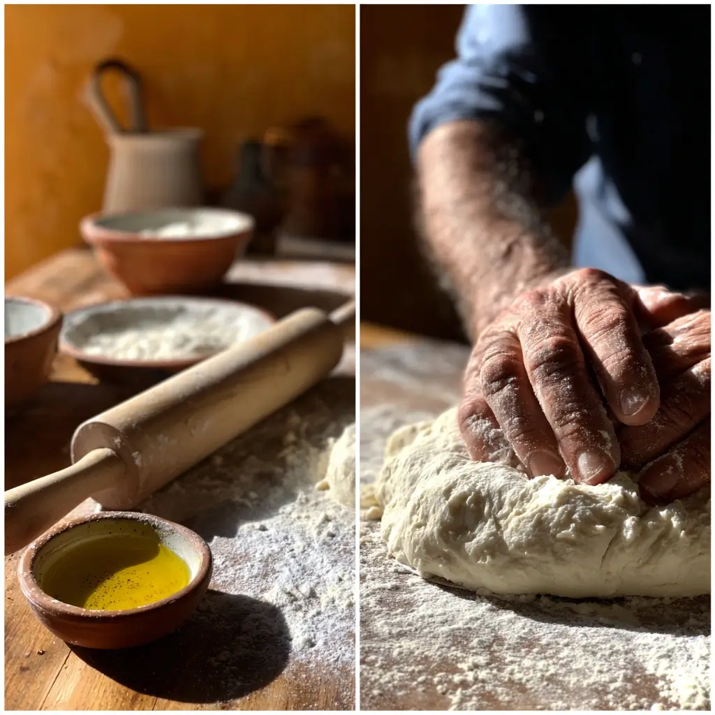 Hände kneten pizza milano Teig auf bemehlter Arbeitsfläche mit Olivenöl und Mehl Typ 00