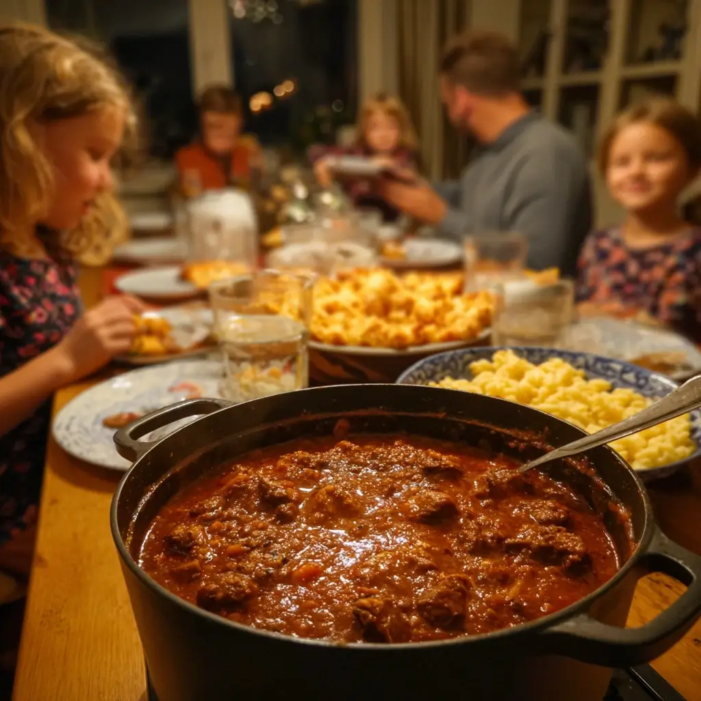 Gulasch Rezept im rustikalen Schmortopf, zartes Rindfleisch in reichhaltiger Sauce, serviert auf Holztisch mit frischen Kräutern und warmem Licht.