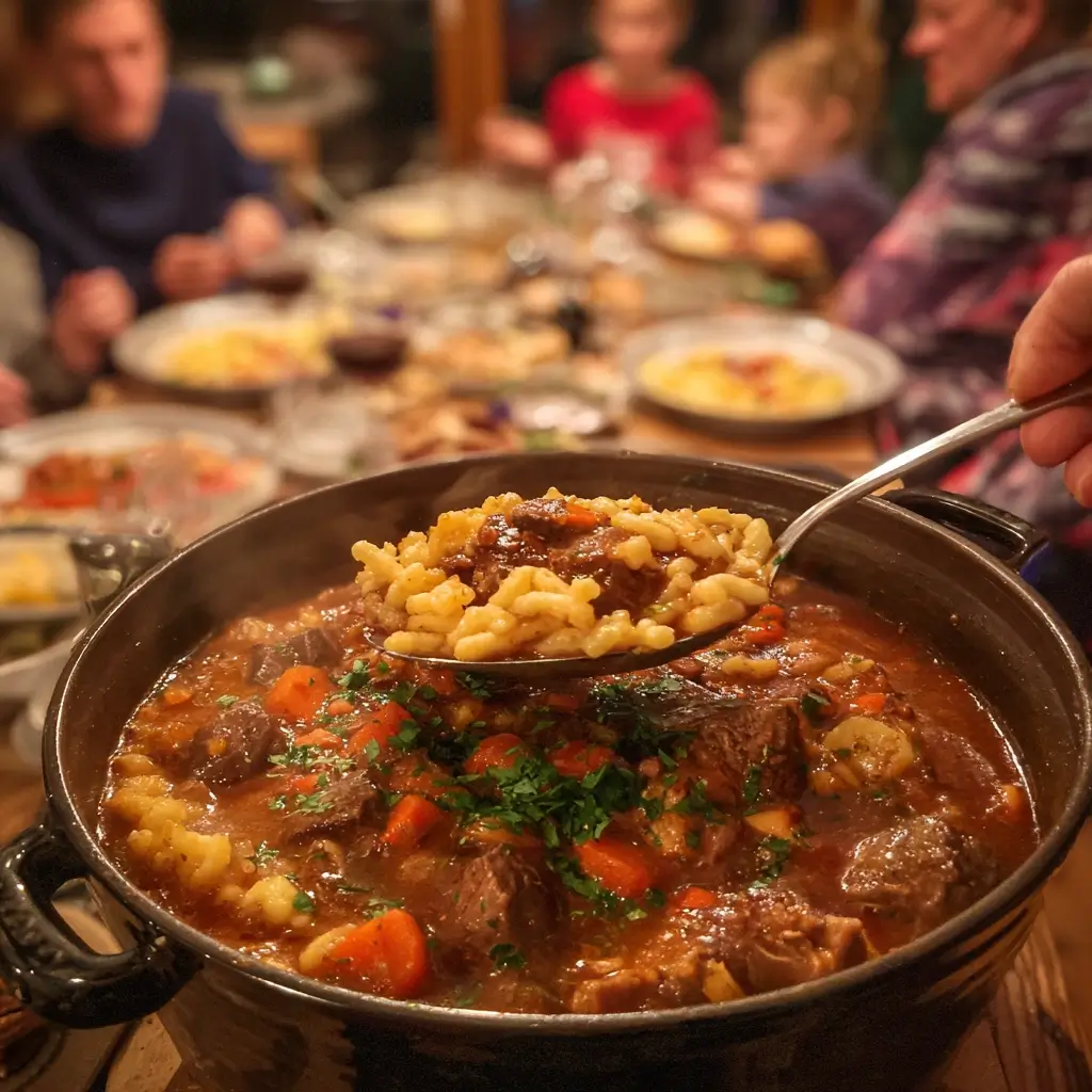 Familie genießt Gulasch Rezept am Esstisch, dampfender Topf in der Mitte, warme und gemütliche Atmosphäre, gemeinsames Abendessen.