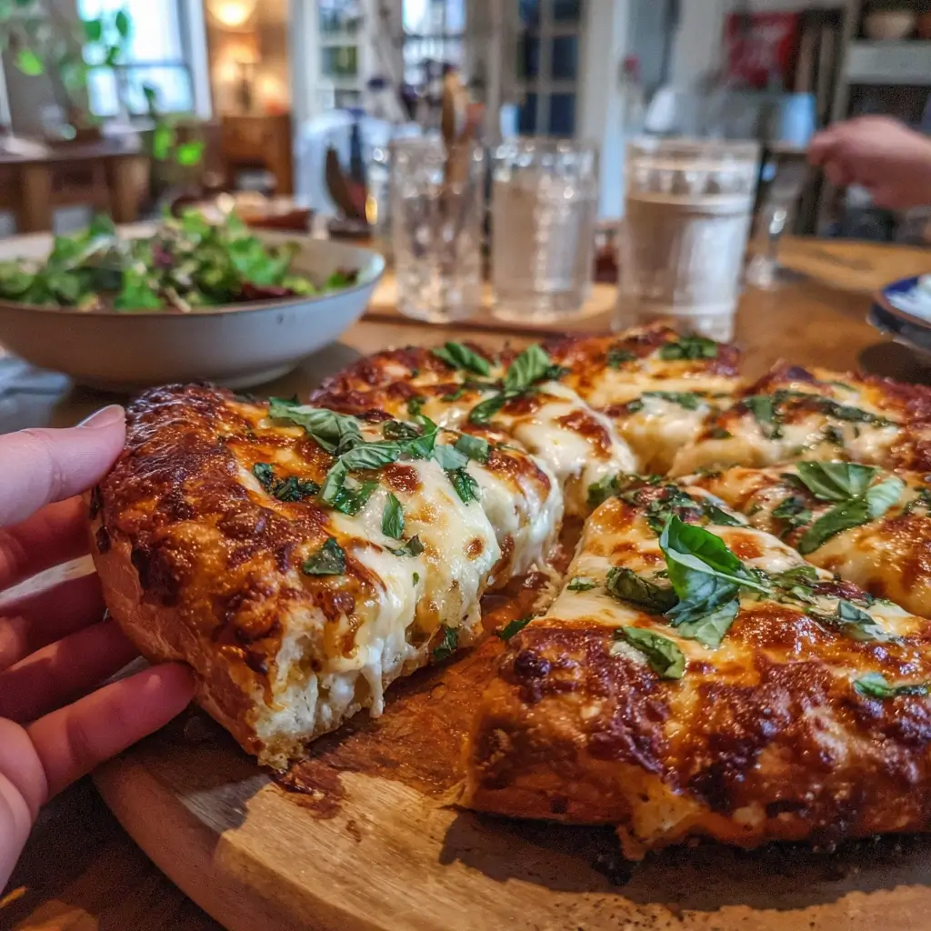 Familie genießt gemeinsam Pizza mit hausgemachtem pizza teig an einem sonnigen Küchentisch.