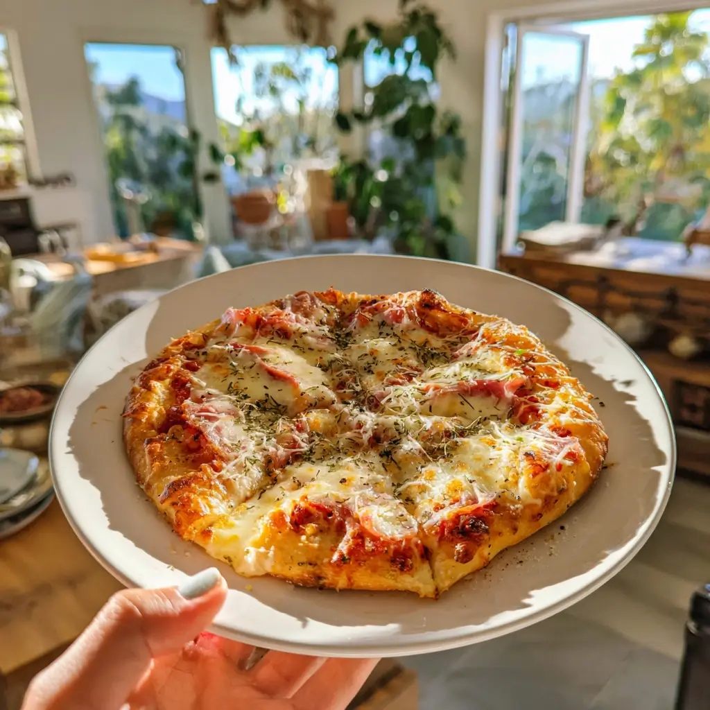 Frische pizza milano auf Holzbrett, dampfend serviert mit Basilikum und Rotwein