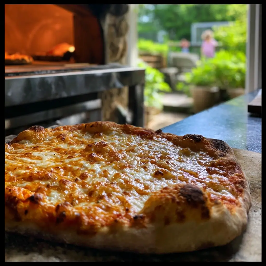 Pizza Napoli backt auf heißem Pizzastein mit aufgegangener Kruste und geschmolzenem Käse.