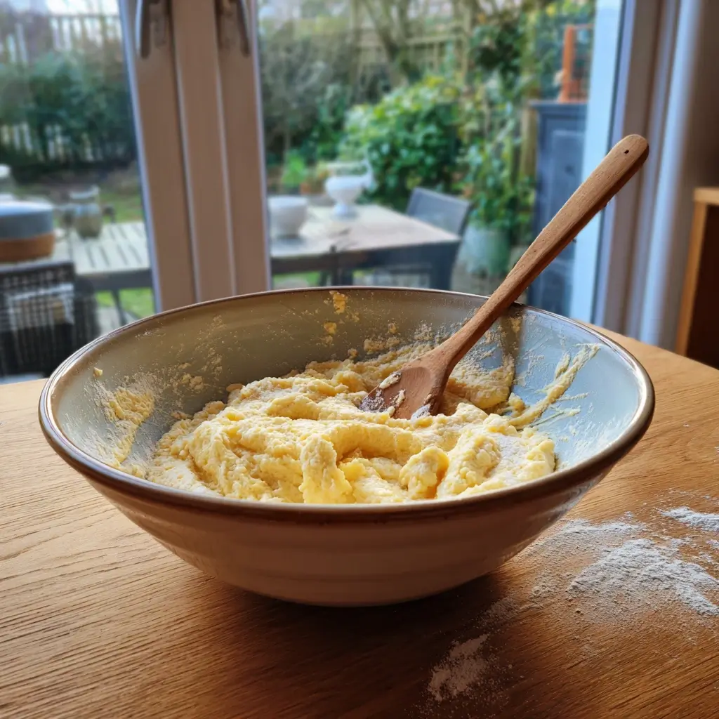 Fluffige Pfannkuchen Rezept Teigschüssel mit frisch angerührtem luftigen Pfannkuchenteig.