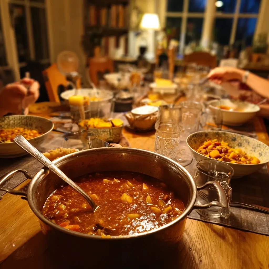 Familienessen mit Rezept Gulasch in einem großen Topf auf dem Tisch, Hände servieren sich selbst