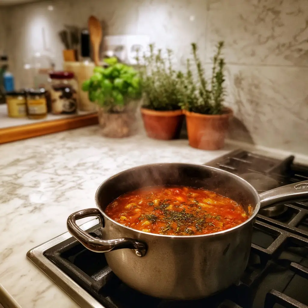 Tomatensauce für New York Pizza in einem Topf mit Knoblauch und Kräutern gekocht.