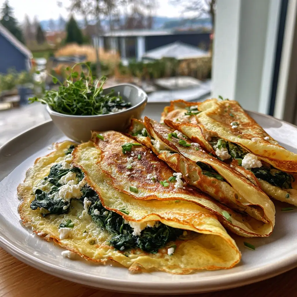 Fluffige Pfannkuchen Rezept in herzhafter Version mit Spinat und Feta auf einem weißen Teller angerichtet.
