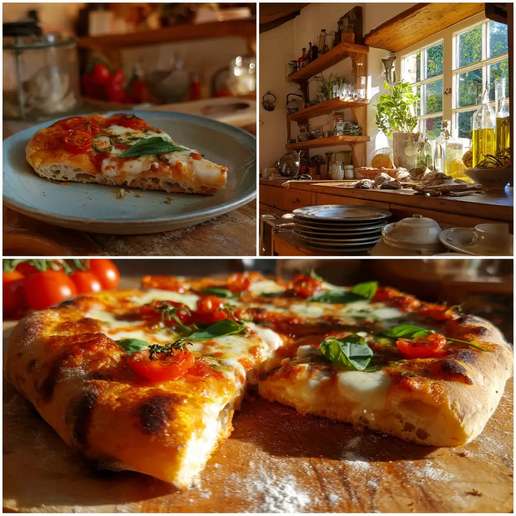 Frisch gebackene sauerteig pizza mit goldener Kruste, geschmolzenem Mozzarella und frischem Basilikum auf einem Holzbrett serviert.