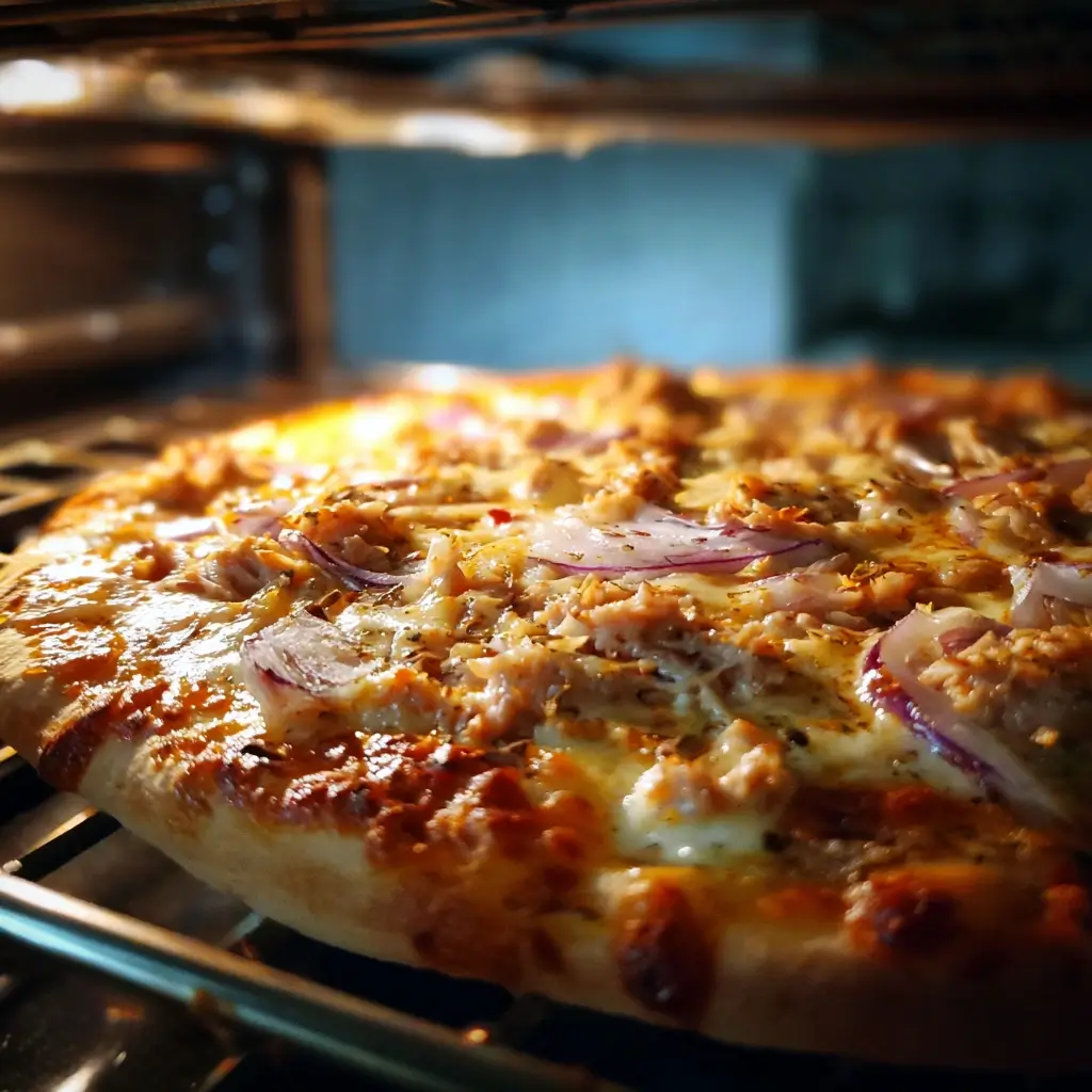 Thunfisch pizza backt im Ofen mit geschmolzenem Käse und goldbraunem Rand
