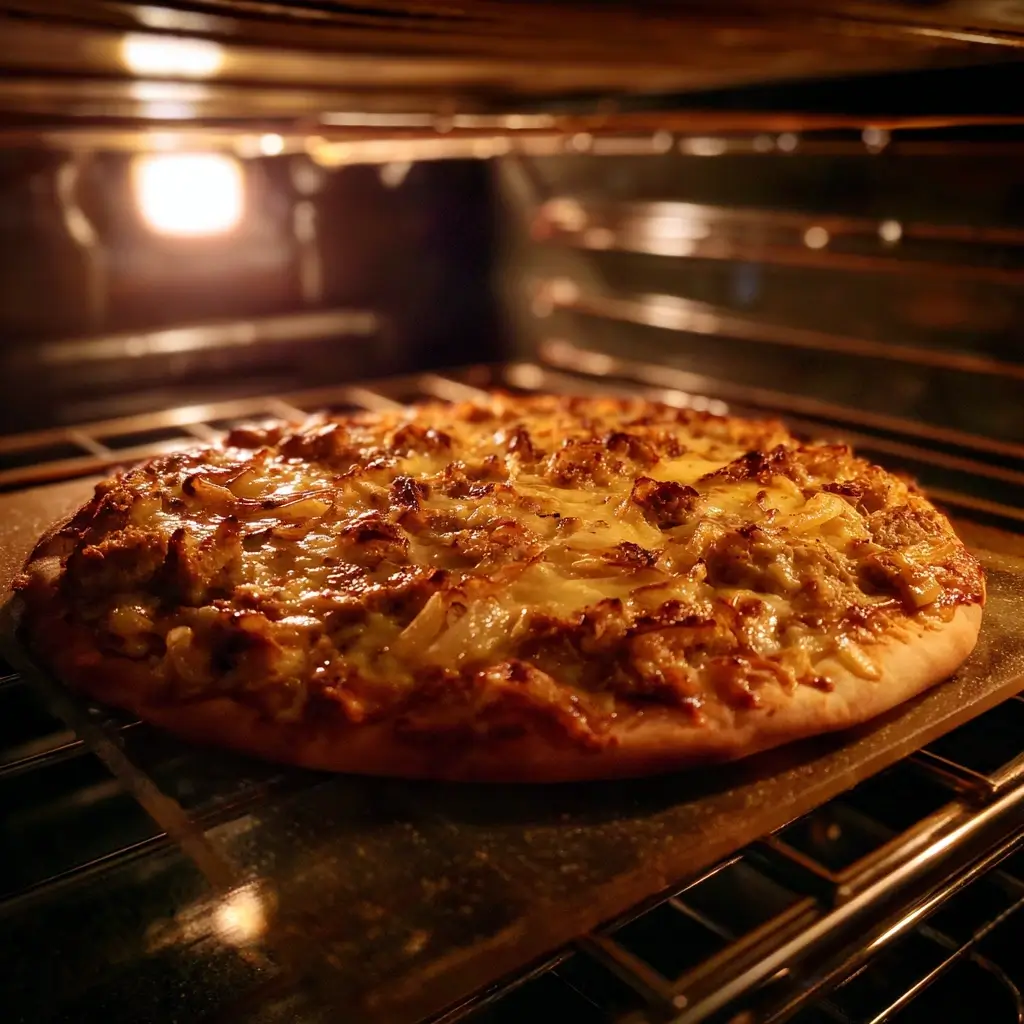 Thunfisch pizza im Ofen mit geschmolzenem Käse und goldbraunem Rand