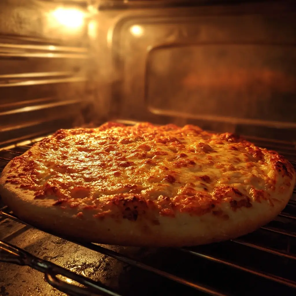 Thunfisch Pizza im Ofen, Käse schmilzt und Teig wird goldbraun.