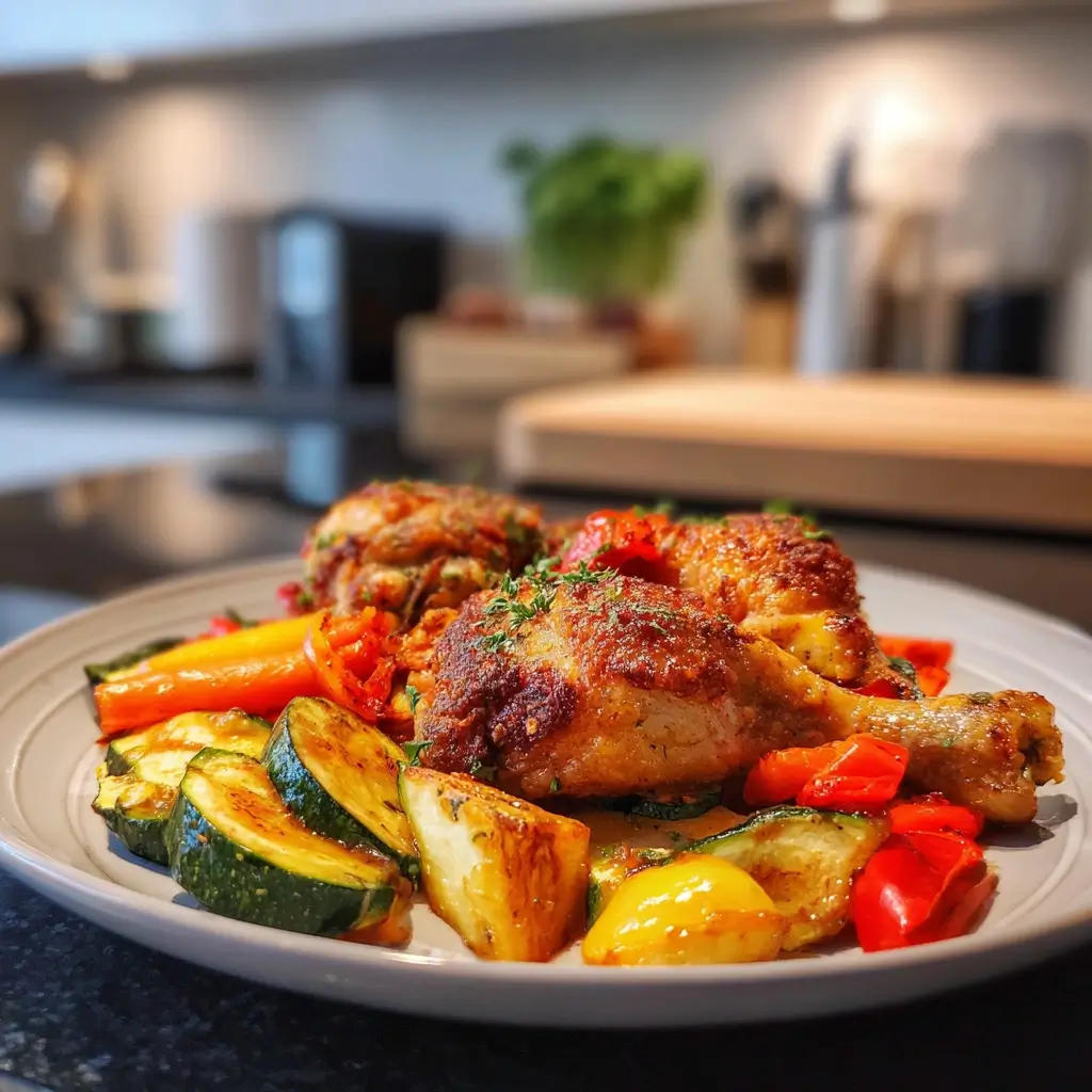 Airfryer-Hähnchenschenkel mit buntem Ofengemüse serviert – rezepte airfryer