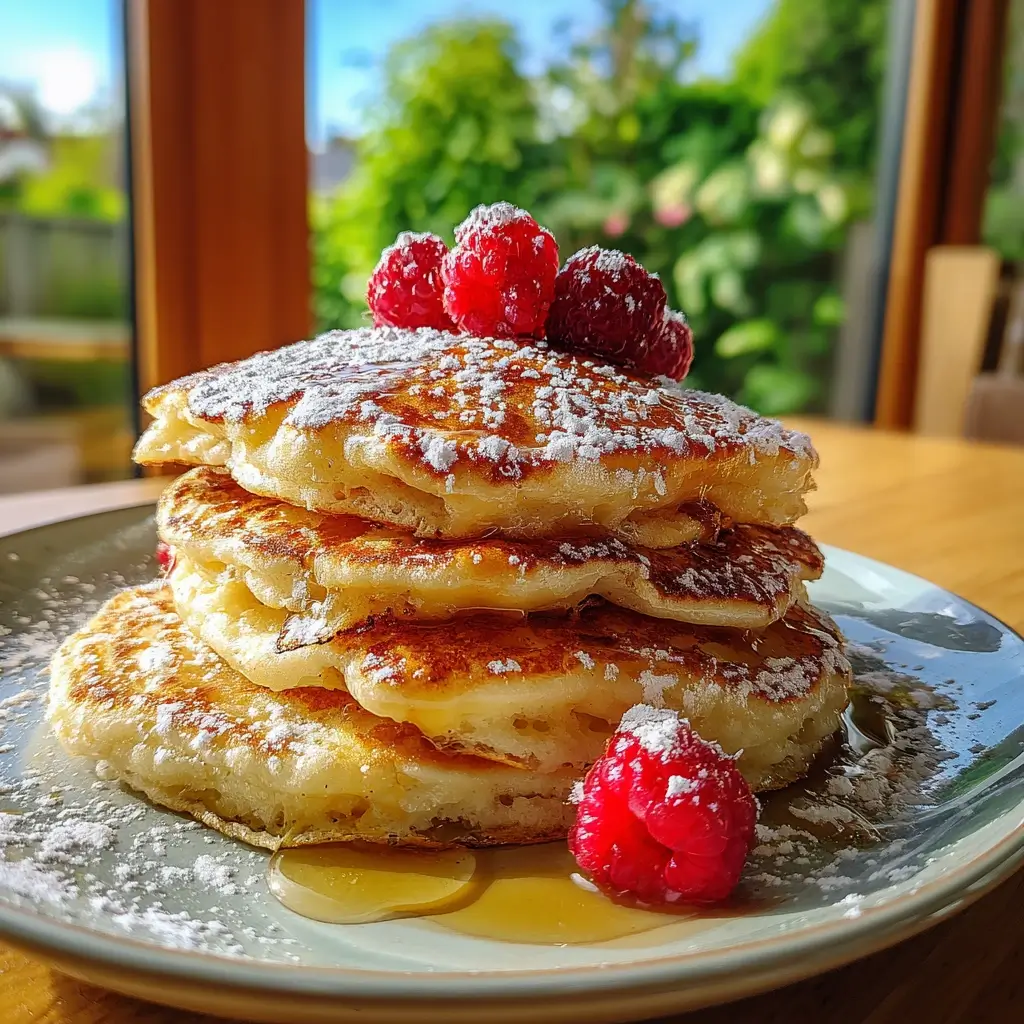 Fluffige Pfannkuchen Rezept mit goldenen Pancakes, Puderzucker und frischen Himbeeren auf einem Teller.