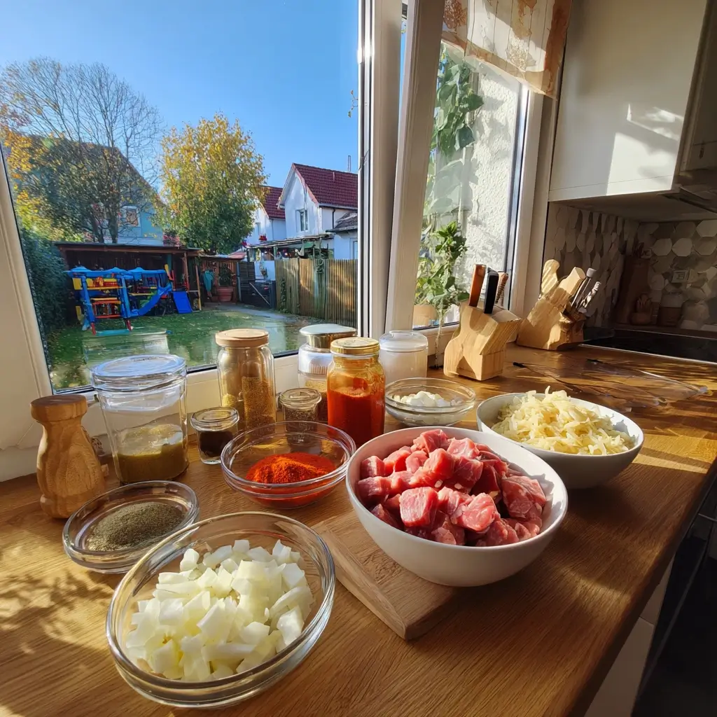 Zutaten für ein Szegediner Gulasch Rezept mit Schweinefleisch, Sauerkraut, Paprika, Zwiebeln und Gewürzen auf einer Küchenarbeitsfläche.