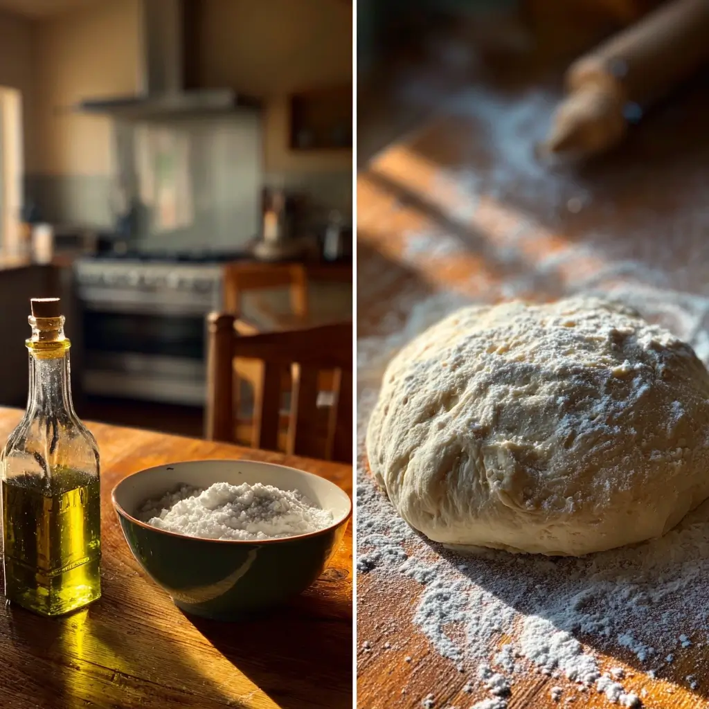 New York Pizza Teig auf bemehlter Fläche vorbereitet, bereit zum Ausrollen.