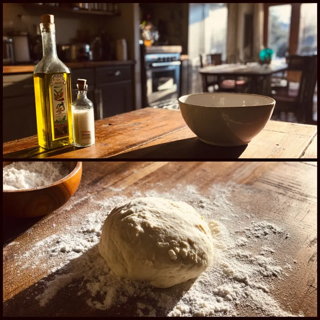 Hände kneten den Teig für türkische pizza auf einer bemehlten Arbeitsfläche mit Olivenöl und Hefe.