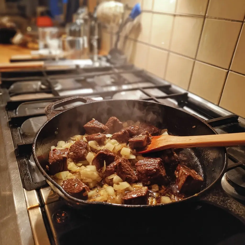 Rezept Gulasch Fleischwürfel braten in einem gusseisernen Topf mit Zwiebeln und Knoblauch 