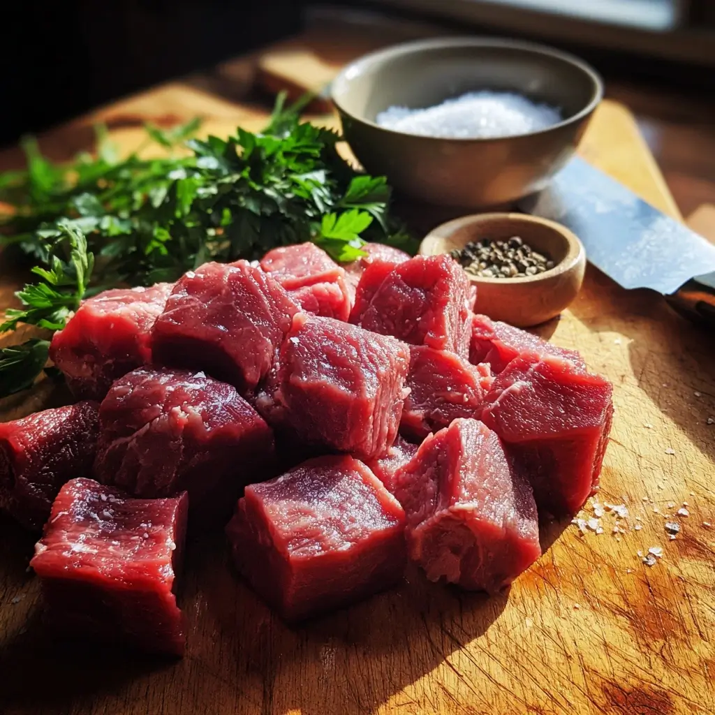 Gulasch Rezepte – Frische Rindfleischwürfel auf Schneidebrett