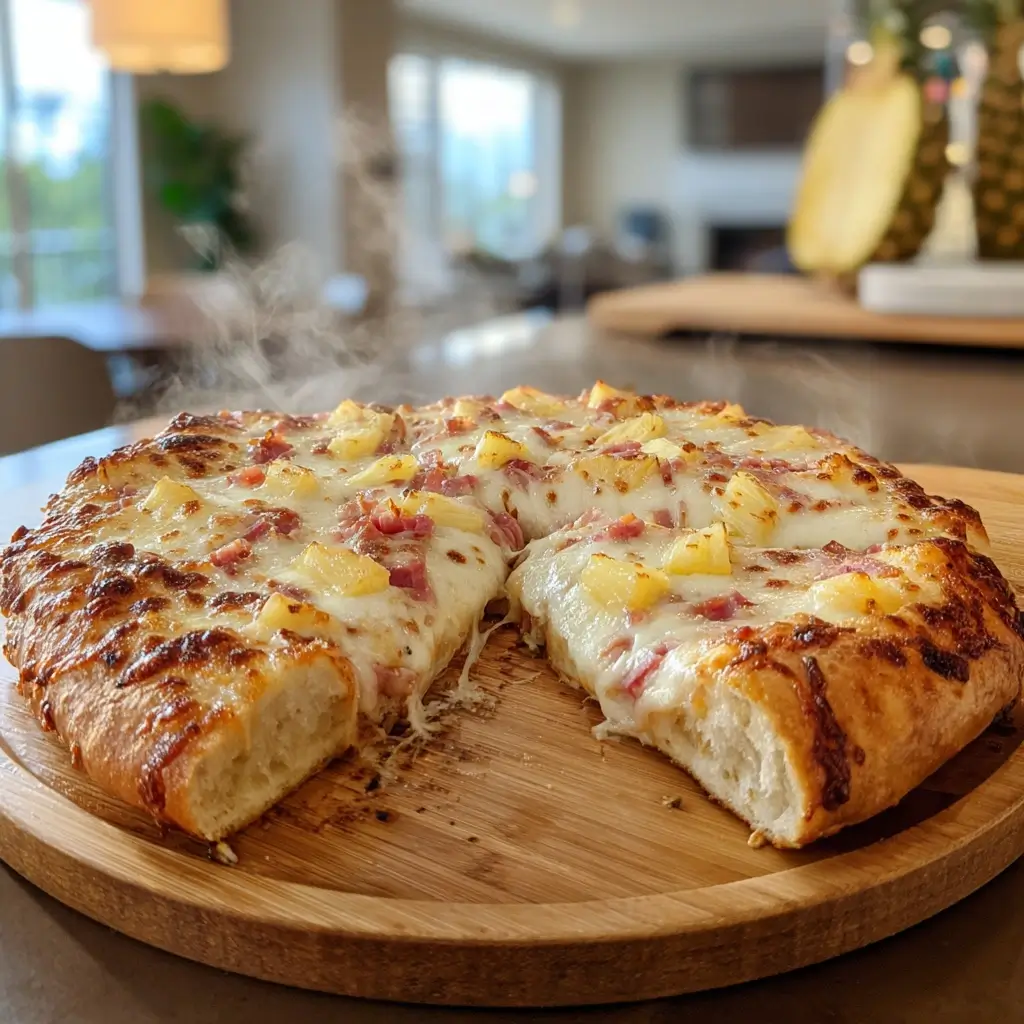 Frisch gebackene pizza hawaii mit geschmolzenem Käse, Ananas und Schinken auf rustikalem Holztisch.