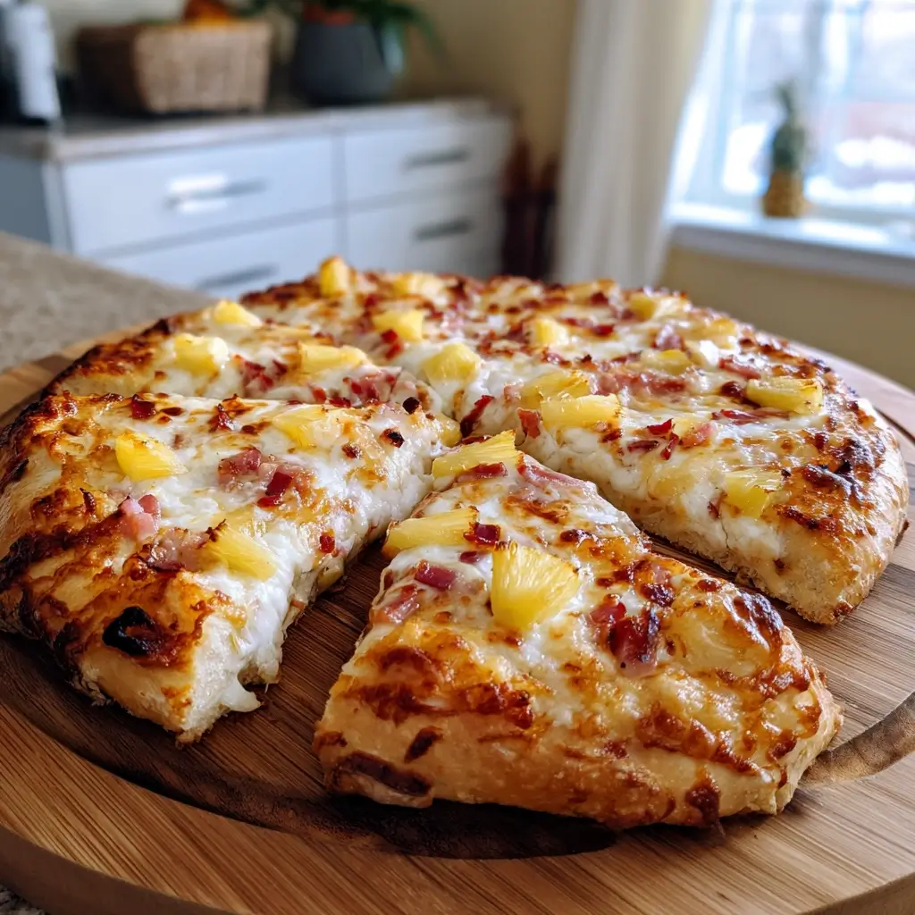 Pizza hawaii in Stücke geschnitten auf rundem Holzbrett, serviert mit frischem Salat im Hintergrund.