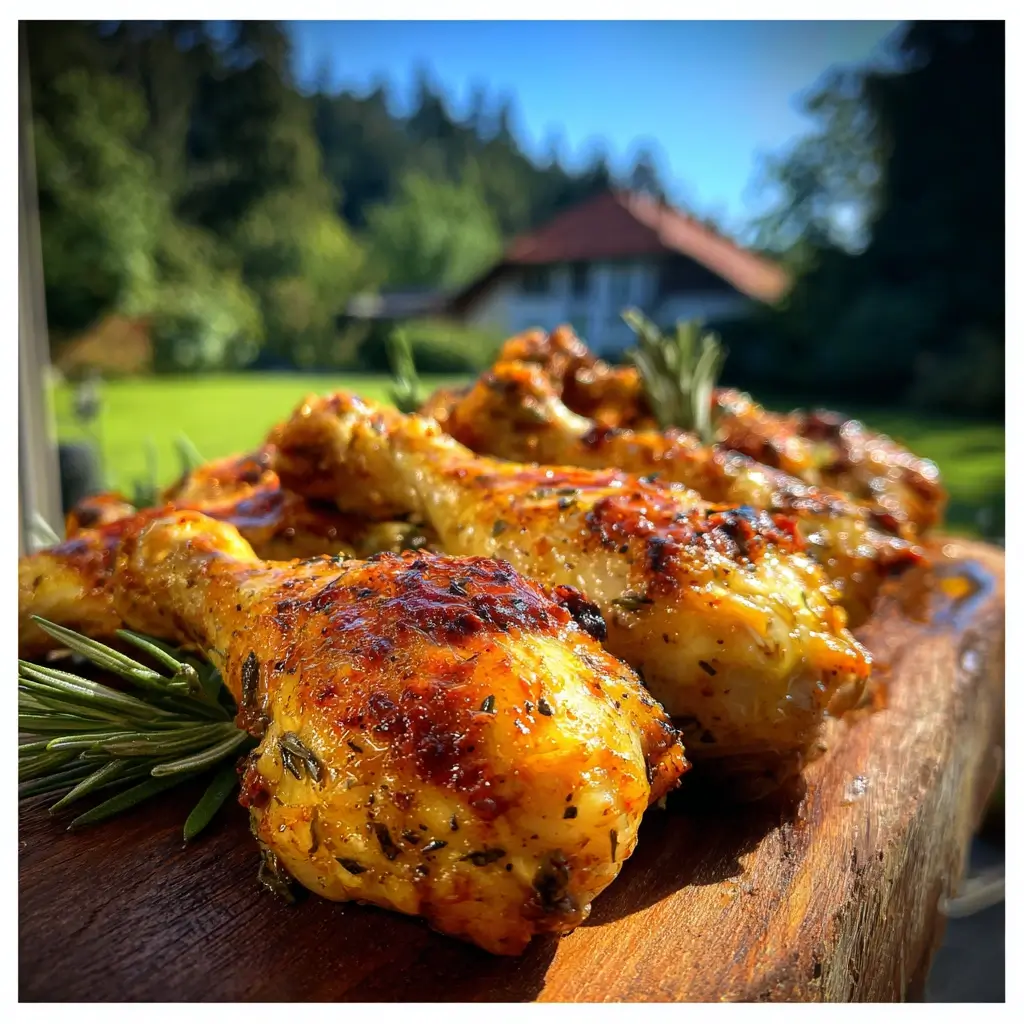 Rezepte Airfryer Ninja: Knusprige Hähnchenschenkel auf rustikalem Holzbrett, sonnige Küche im Hintergrund