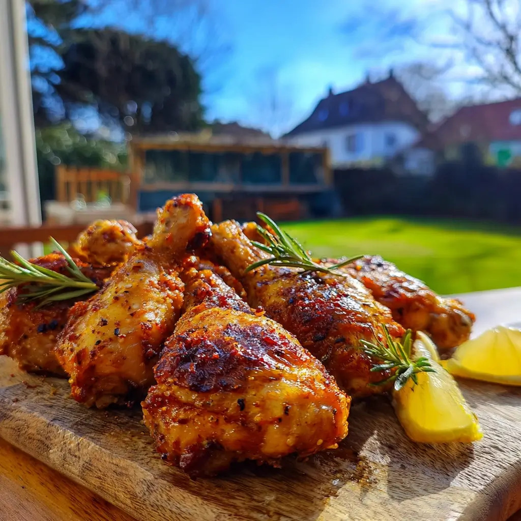 Rezepte Airfryer Ninja: Knusprige Hähnchenschenkel auf Teller, helle Küche im Hintergrund