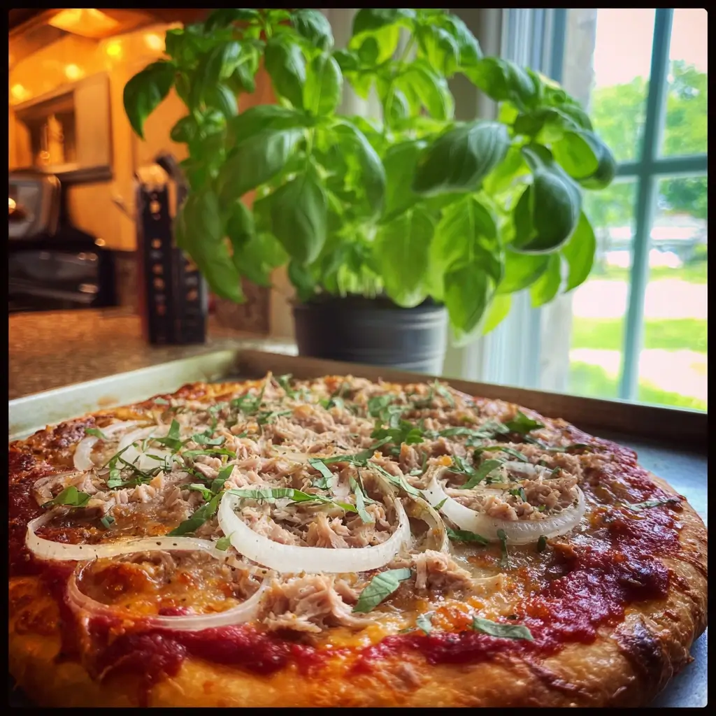 Frische thunfisch pizza auf weißem Teller, serviert mit Basilikum und Oliven