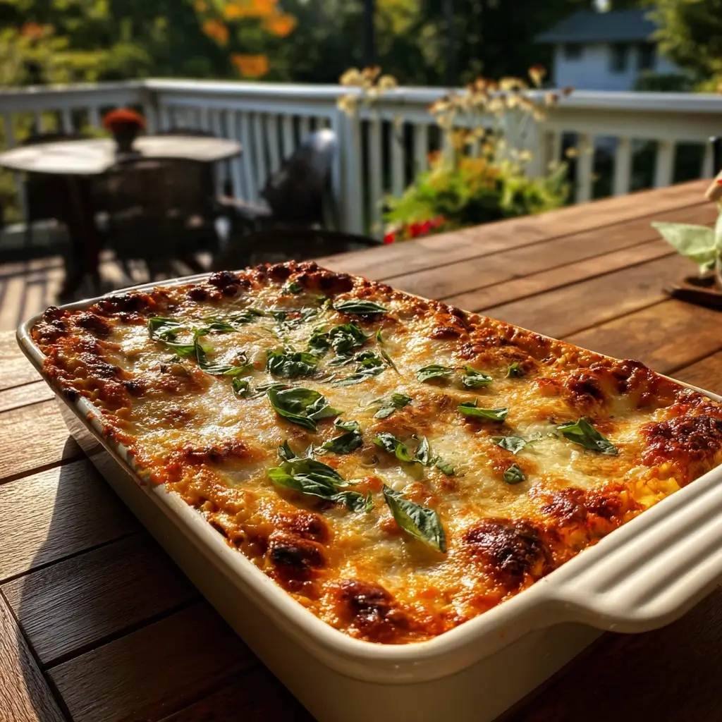 Familientisch mit serviertem vegetarische lasagne rezept, eine Hand stellt einen Teller vor eine Person, gemütliche Atmosphäre.