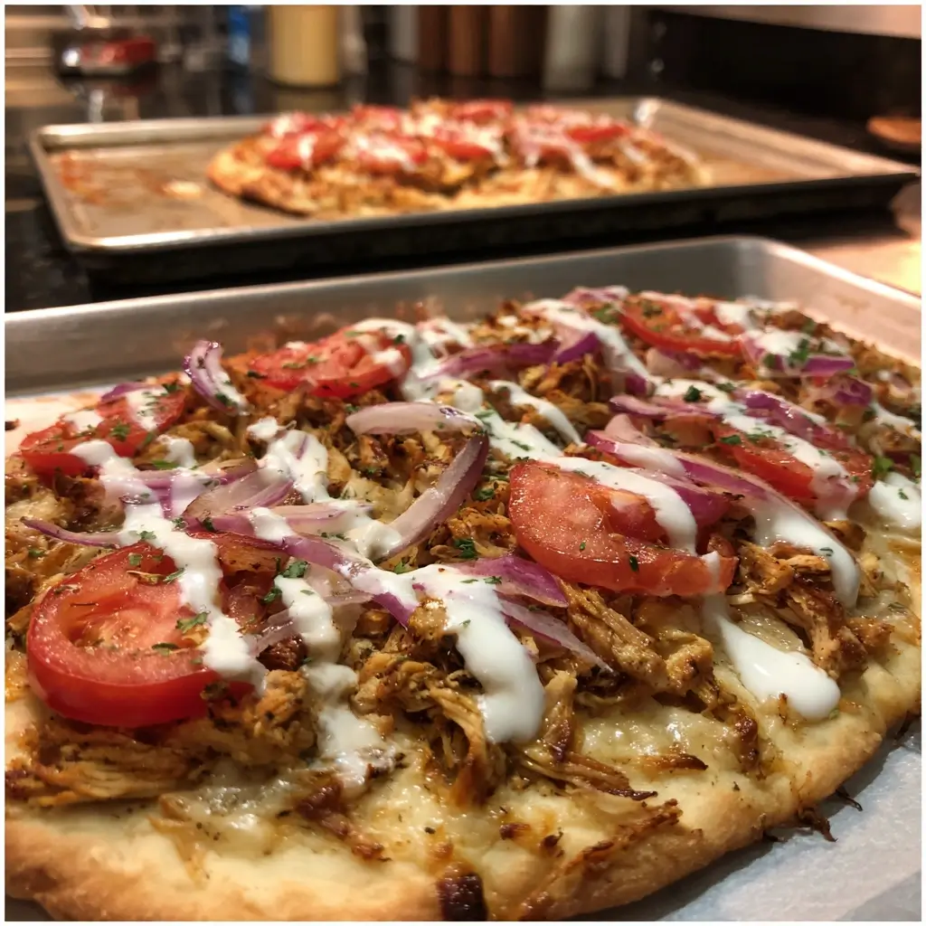 Frisch gebackene döner pizza mit knusprigem Rand und geschmolzenem Käse