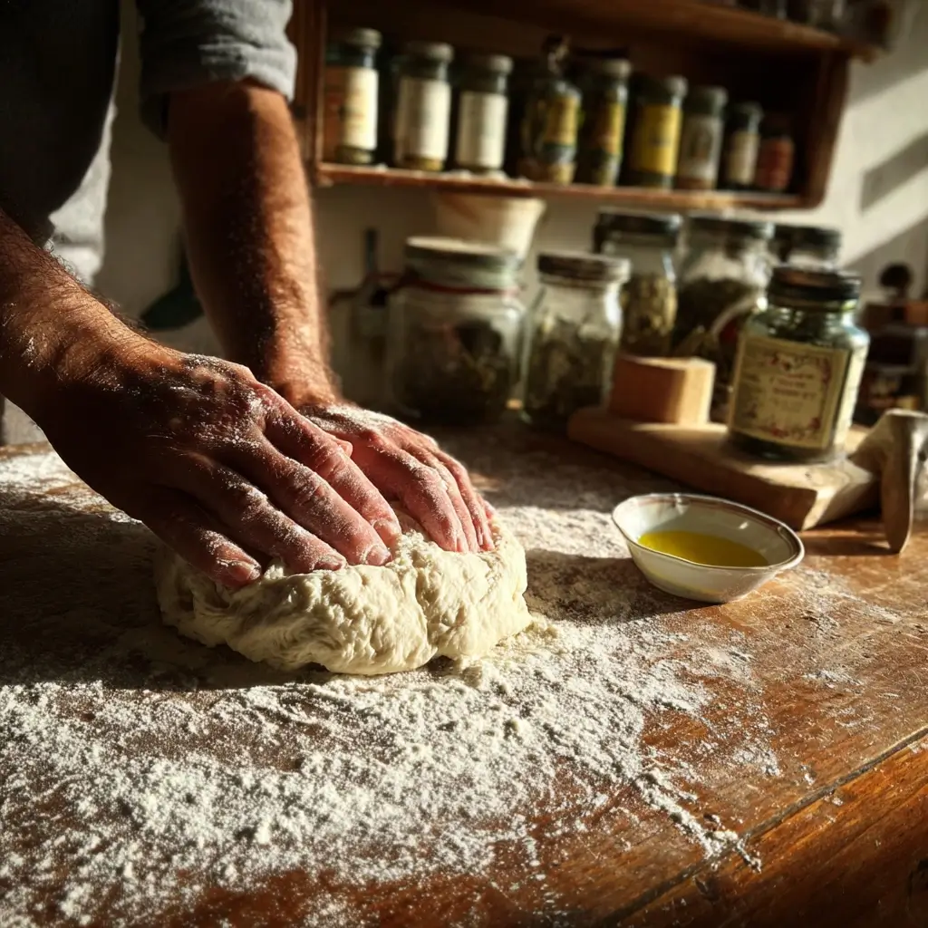 pizza parma Teigzubereitung mit Händen, Mehl und Olivenöl auf Holzfläche