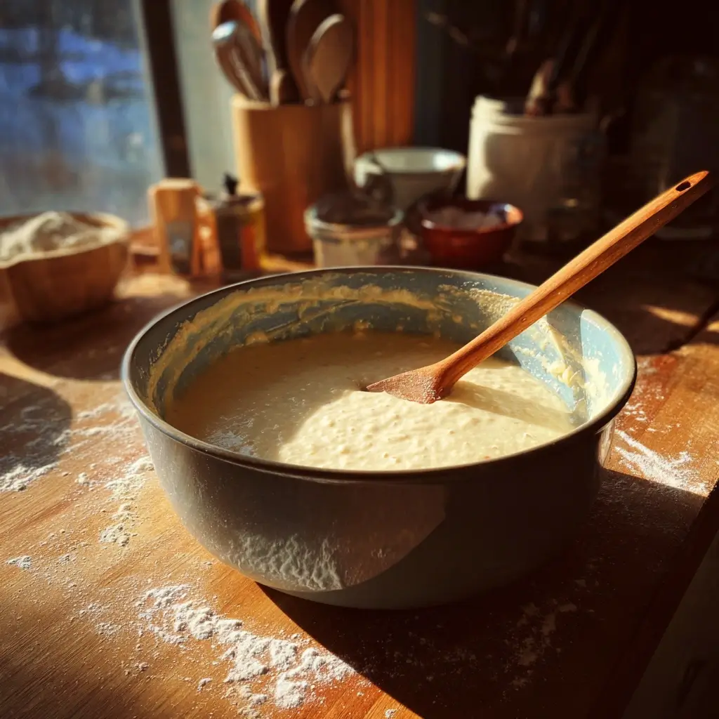 Teigschüssel mit glatt gerührtem Teig für pfannkuchen rezept ohne ei