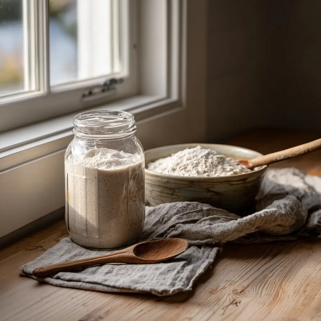 Aktiver Sauerteigstarter für sauerteig pizza in einem Glas mit Blasen, neben Mehl und Wasser auf einem Holztisch.